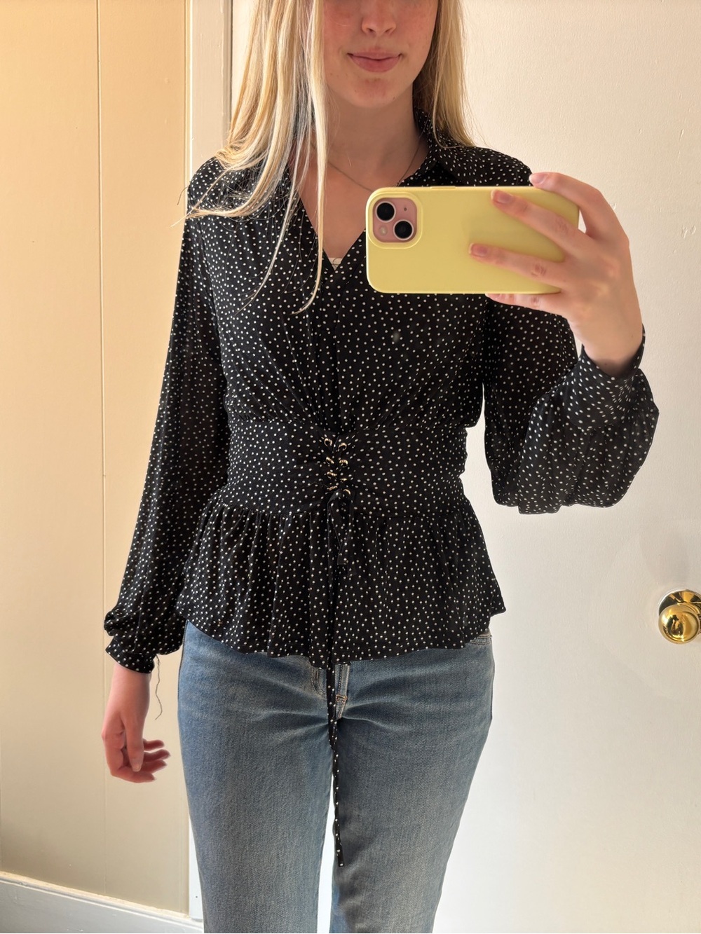 Black Polka Dot Tie-Front Peplum Blouse